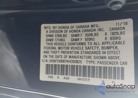 2019 Honda Civic Sport z USA, uszkodzony, nr VIN 2HGFC4B87KH300825